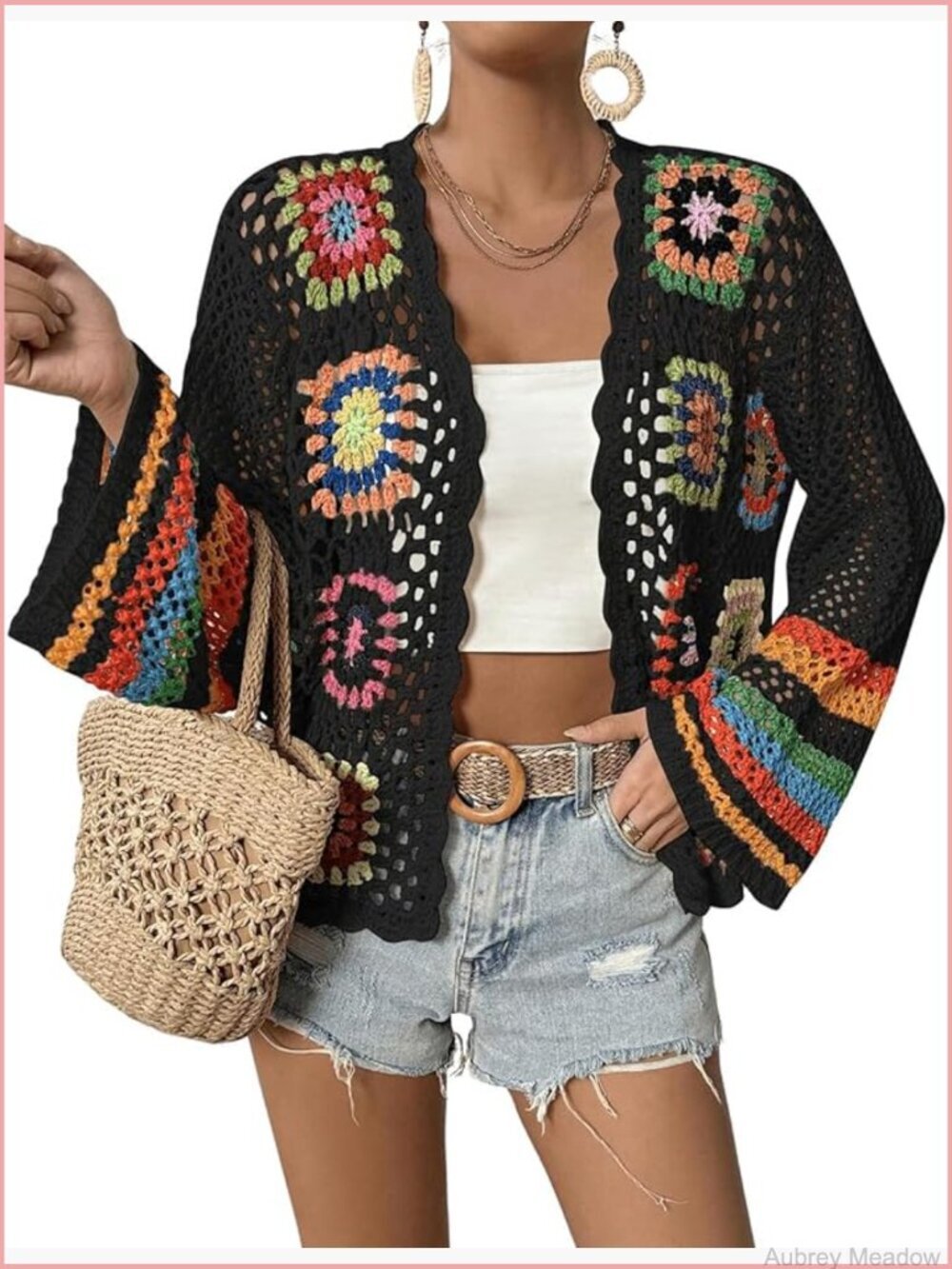 Trendy Floral Crochet Cardigan Open Front Hollow Out Boho Sweater